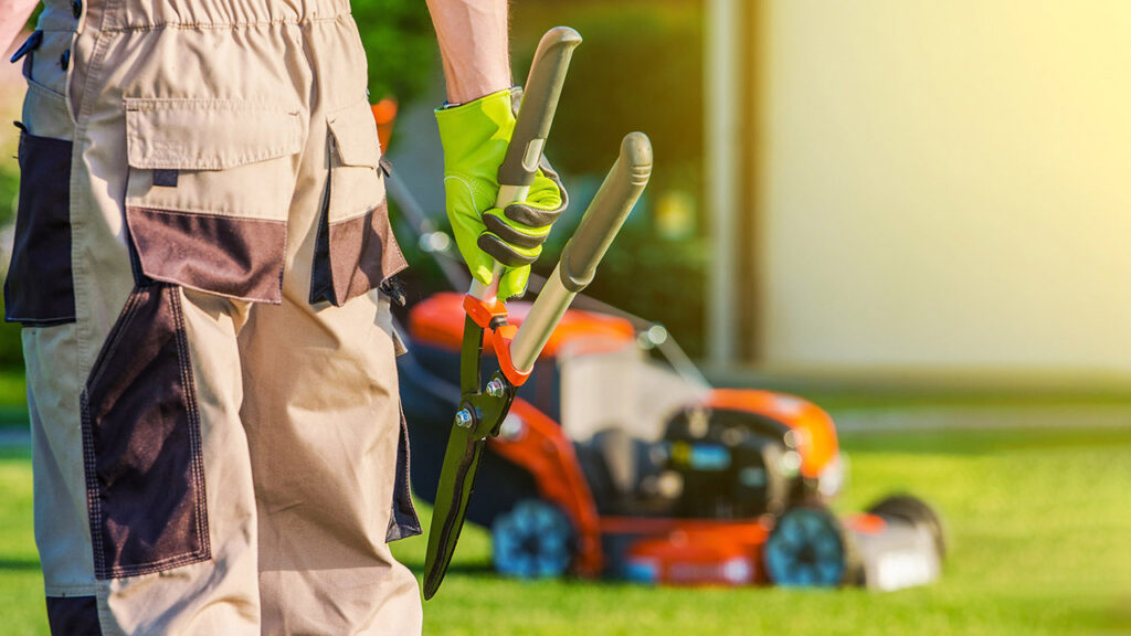 man with green gloves holding grass shears